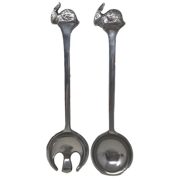 Pewter Bunny Rabbit Salad Serving Fork and Spoon 13" Easter NOS New Old Stock - Picture 3 of 8